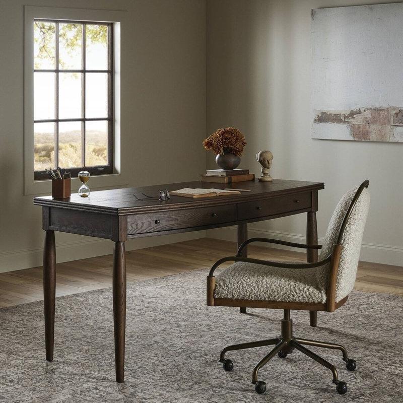 Kahverengi Masif Meşe Çekmeceli Tornalanmış Ayaklı Vintage Çalışma Masası - 153x69 cm - 234182