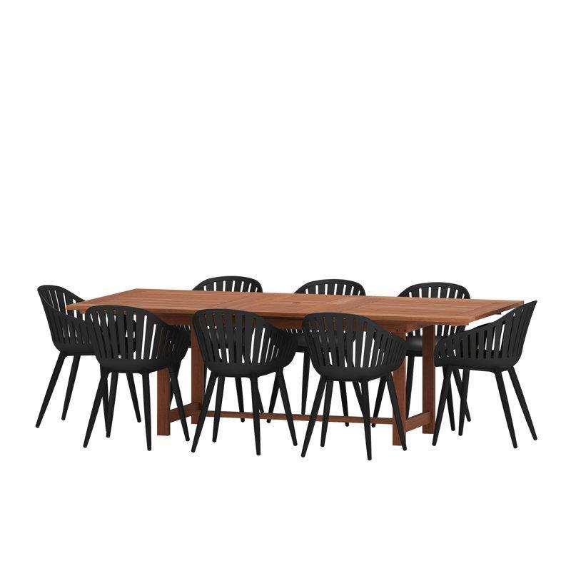 Kahverengi Masif Okaliptüs Ağacı 8 Kişilik Açılabilir Şemsiye Delikli Dikdörtgen Bahçe Masa Takımı - 235x110 cm - 213831