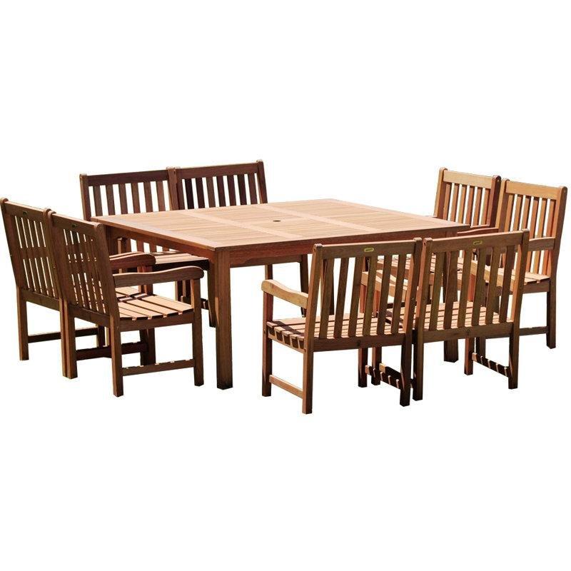Kahverengi Masif Okaliptüs Ağacı 8 Kişilik Şemsiye Delikli Kare Bahçe Masa Takımı - 148x148 cm - 213845