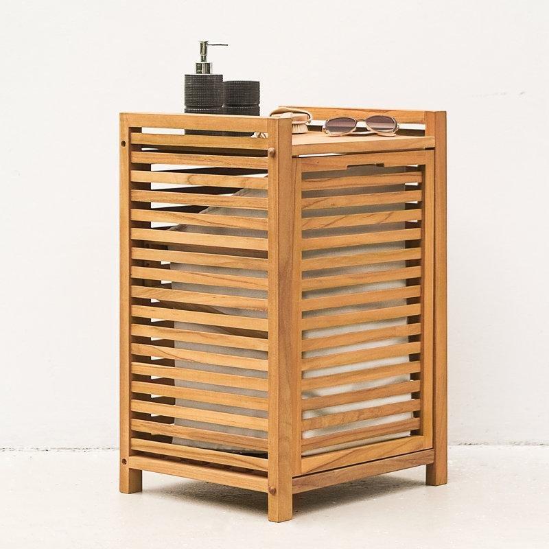 Kahverengi Masif Tik Ağacı Eğik Açılır Kapaklı Dolaplı Çamaşır Sepeti - 70x46x41 cm - 187804