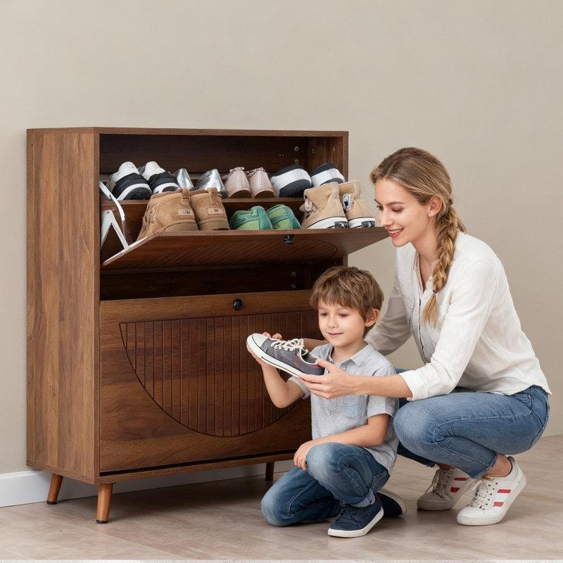 Kahverengi Masif ve Endüstriyel Ahşap Düşer Kapaklı 20 Çift Kapasiteli Ayakkabılık - 81x24x90 cm - 230227