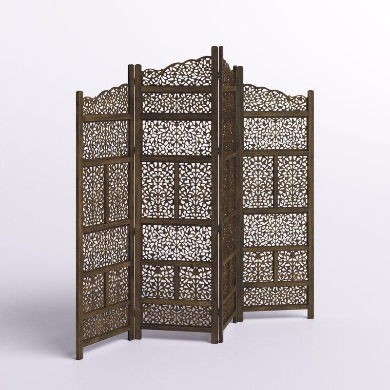 Kahverengi Masif ve Endüstriyel Ahşap El Oyması Katlanabilir 4 Panelli Paravan - 184634