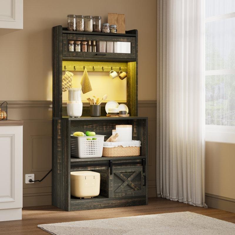 Kahverengi Masif ve Endüstriyel Ahşap LED Işıklı Prizli Kapaklı Mikrodalga Mutfak Rafı - 81x41x166 cm - 163906