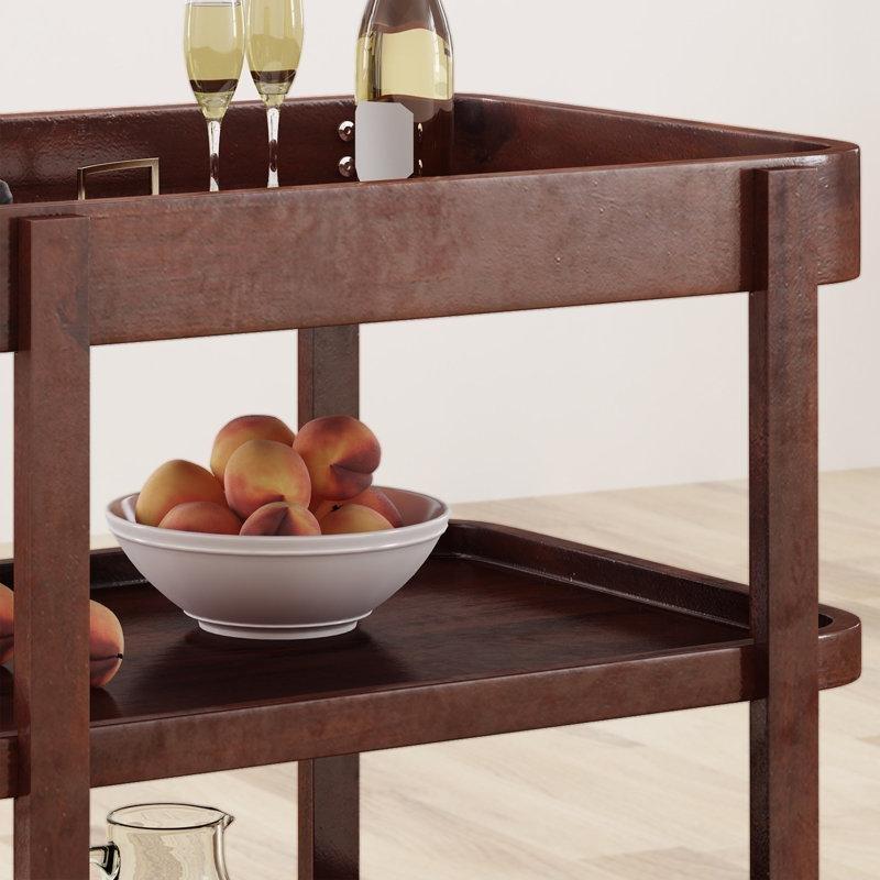 Kahverengi Maun Masif Akasya Ağacı Tekerlekli Raflı Servis Arabası - 81x61x77 cm - 178306