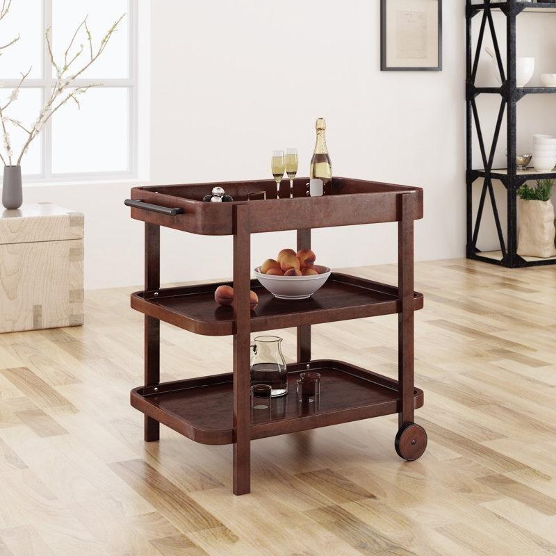 Kahverengi Maun Masif Akasya Ağacı Tekerlekli Raflı Servis Arabası - 81x61x77 cm - 178306