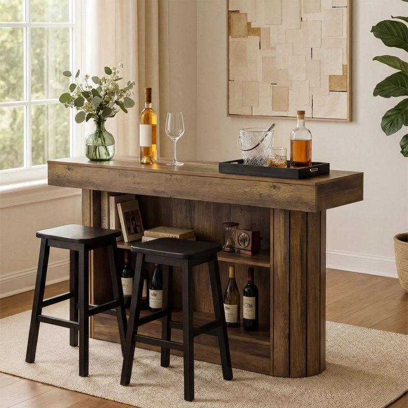 Kahverengi MDF 3 Raflı Metal Ayak Dayamalı Şaraplıklı Bar Masası - 161 cm - 231818