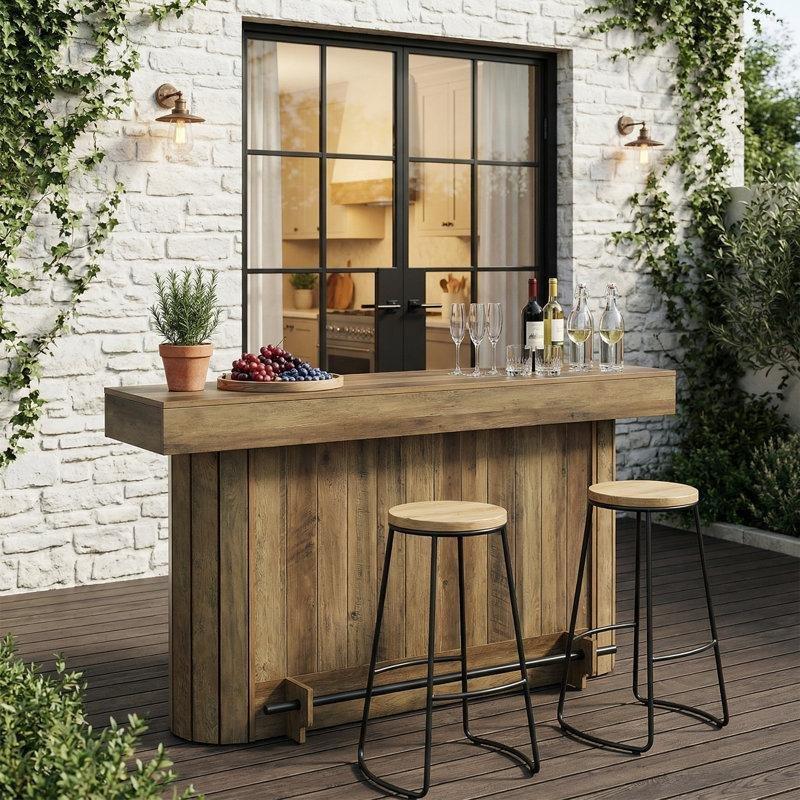 Kahverengi MDF 3 Raflı Metal Ayak Dayamalı Şaraplıklı Bar Masası - 161 cm - 231818