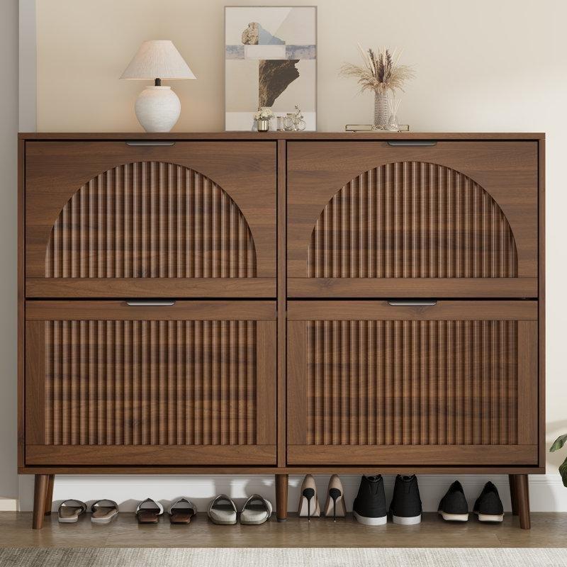 Kahverengi MDF 4 Düşer Kapaklı Yivli Panelli Ayakkabılık - 120 cm - 228719