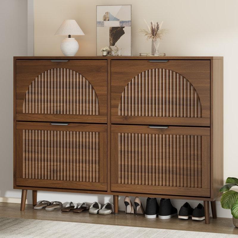 Kahverengi MDF 4 Düşer Kapaklı Yivli Panelli Ayakkabılık - 120 cm - 228719