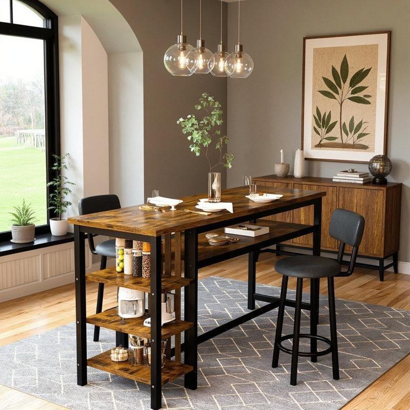 Kahverengi MDF 4 Raflı Tabureli Metal Bar Masası Seti - 120x40x105 cm - 231766