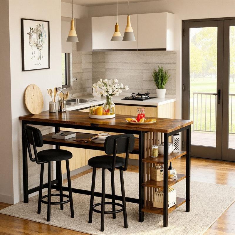 Kahverengi MDF 4 Raflı Tabureli Metal Bar Masası Seti - 120x40x105 cm - 231766