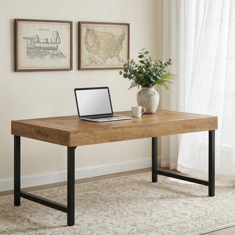 Kahverengi MDF Çizilmeye Dirençli Siyah Demir Ayaklı Endüstriyel Ofis Masası - 140 cm - 177160