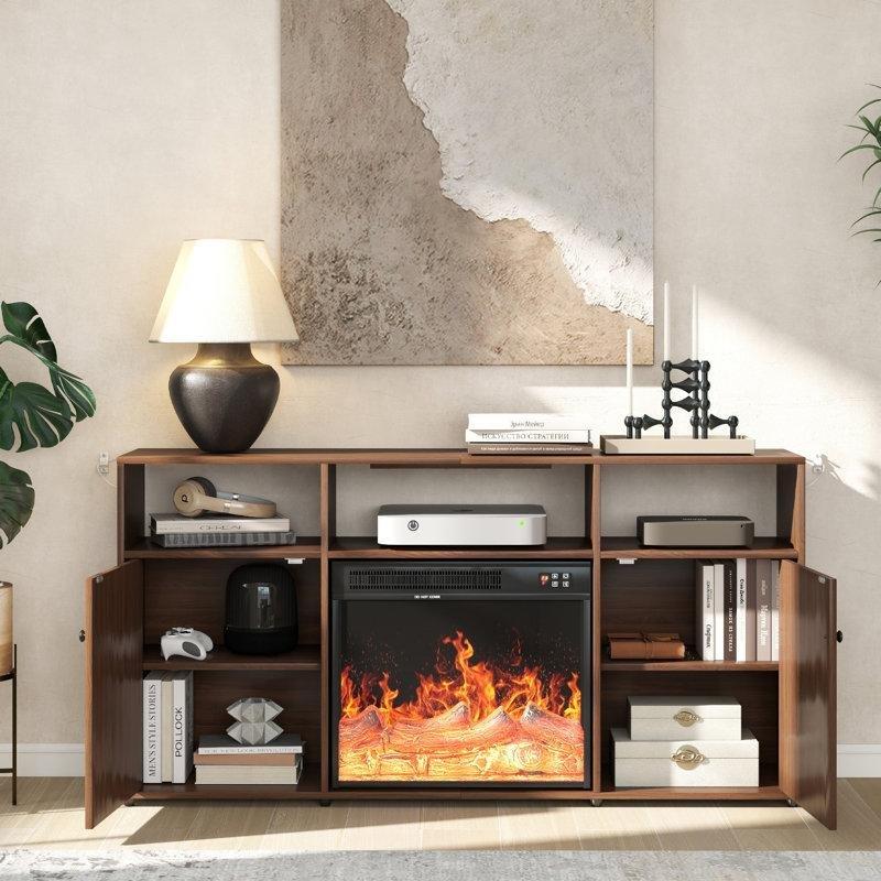Kahverengi MDF Elektrikli Şömineli 2 Dolaplı Yivli TV Ünitesi - 150 cm - 220877