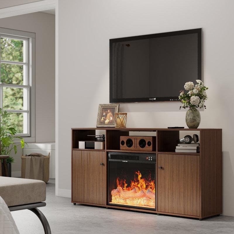 Kahverengi MDF Elektrikli Şömineli 2 Dolaplı Yivli TV Ünitesi - 150 cm - 220877