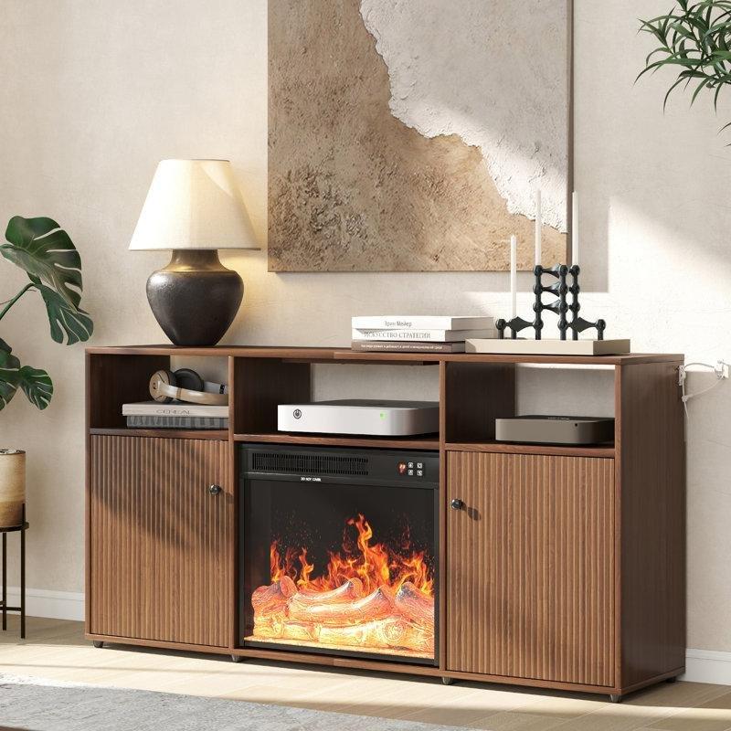 Kahverengi MDF Elektrikli Şömineli 2 Dolaplı Yivli TV Ünitesi - 150 cm - 220877