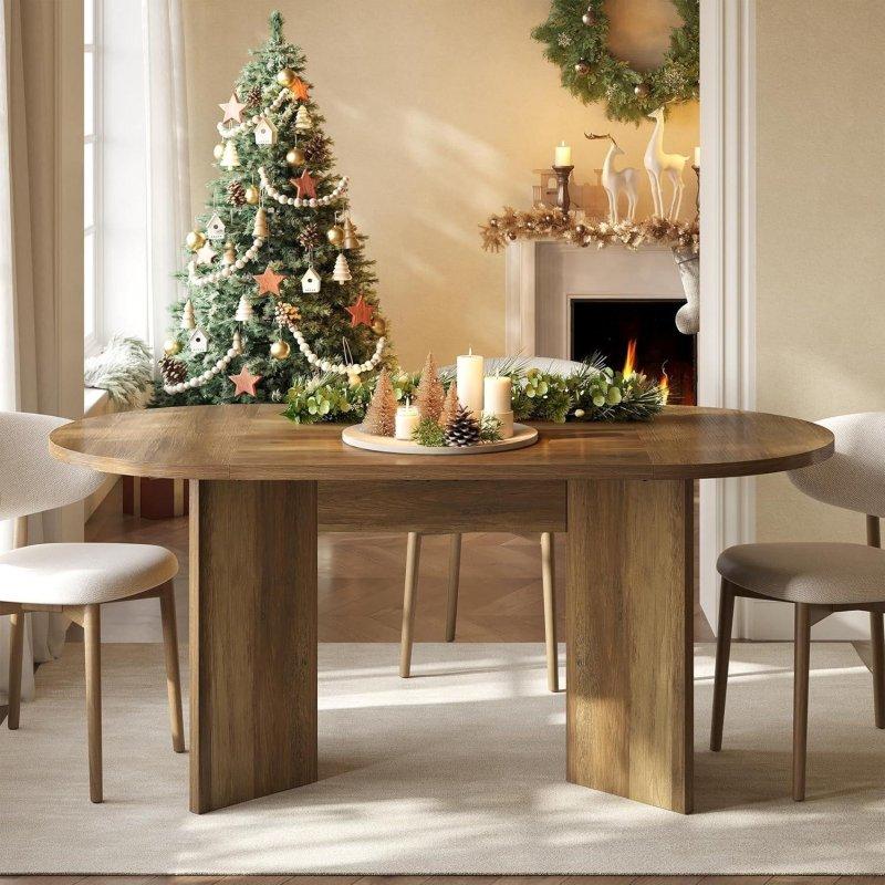 Kahverengi MDF Metal Ayaklı Oval 6 Kişilik Bohem Yemek Masası - 160x80 cm - 237897