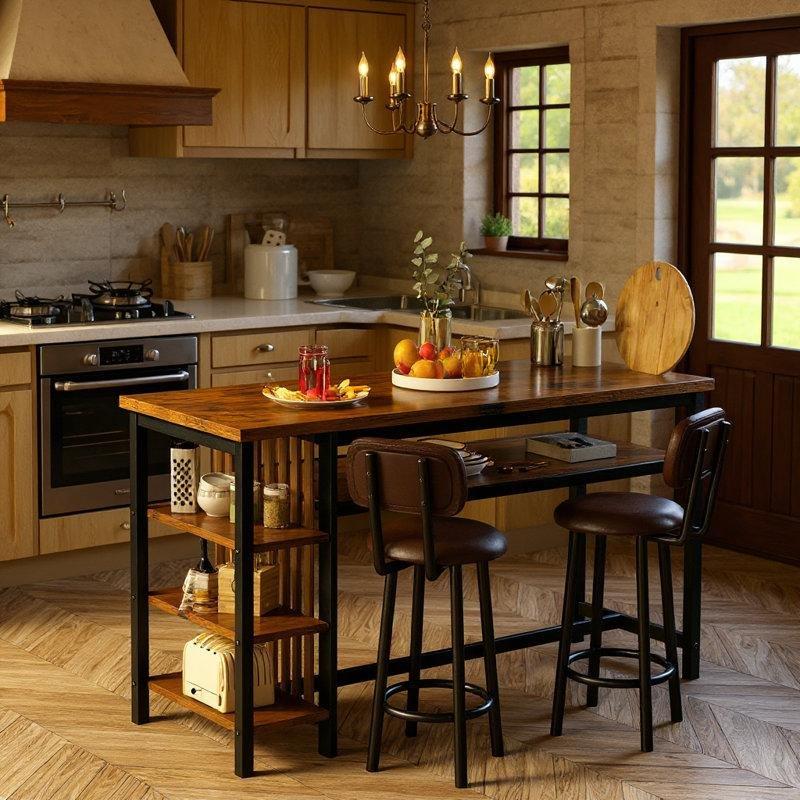 Kahverengi MDF Raflı ve 2 Tabureli Metal Bar Masası Seti - 120x40 cm - 231421