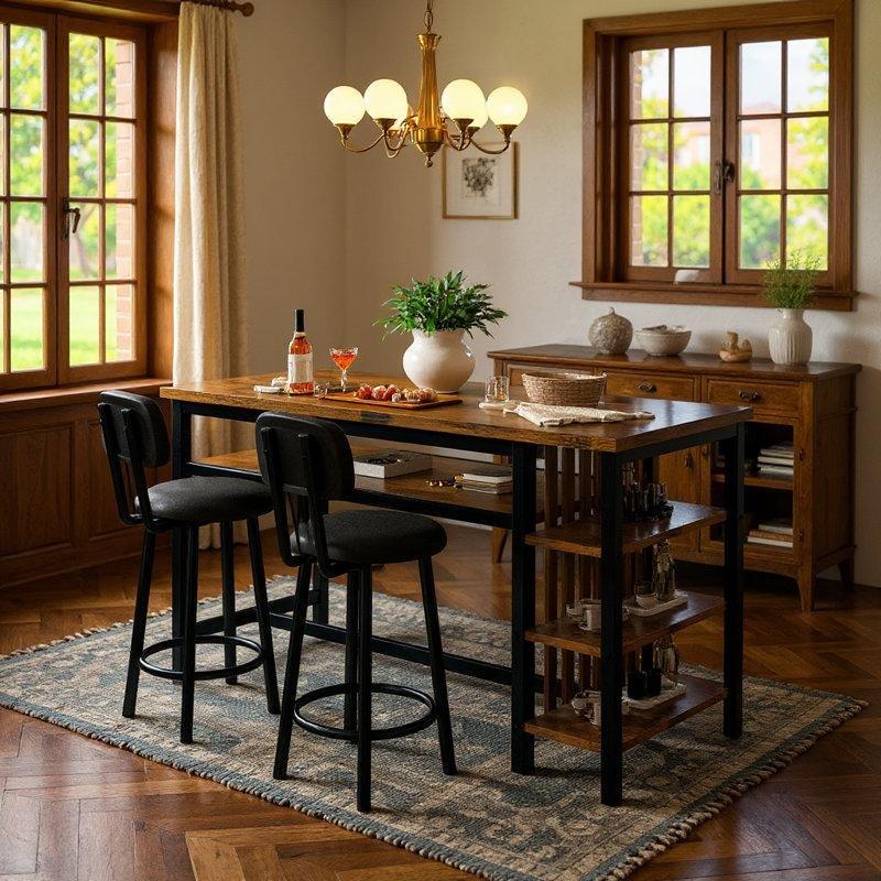 Kahverengi MDF Raflı ve 2 Tabureli Metal Bar Masası Seti - 120x40 cm - 231421