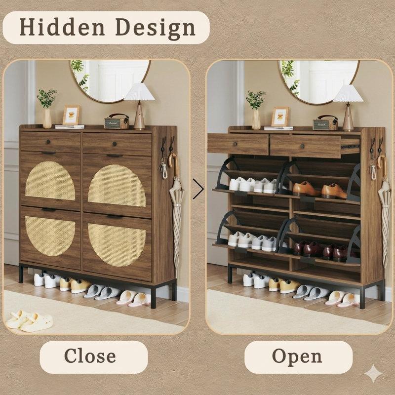 Kahverengi MDF Rattan Desenli 4 Düşer Kapaklı Metal Ayaklı Ayakkabılık - 101x24x103 cm - 229523