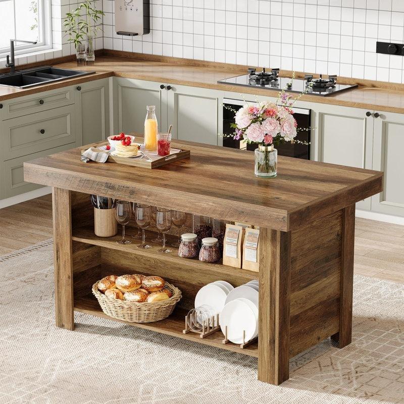 Kahverengi MDF Rustik Tasarımlı Raflı Mutfak Adası - 140 cm - 176580