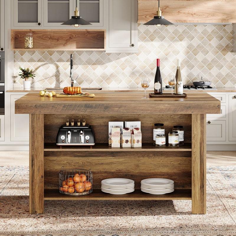 Kahverengi MDF Rustik Tasarımlı Raflı Mutfak Adası - 140 cm - 176580