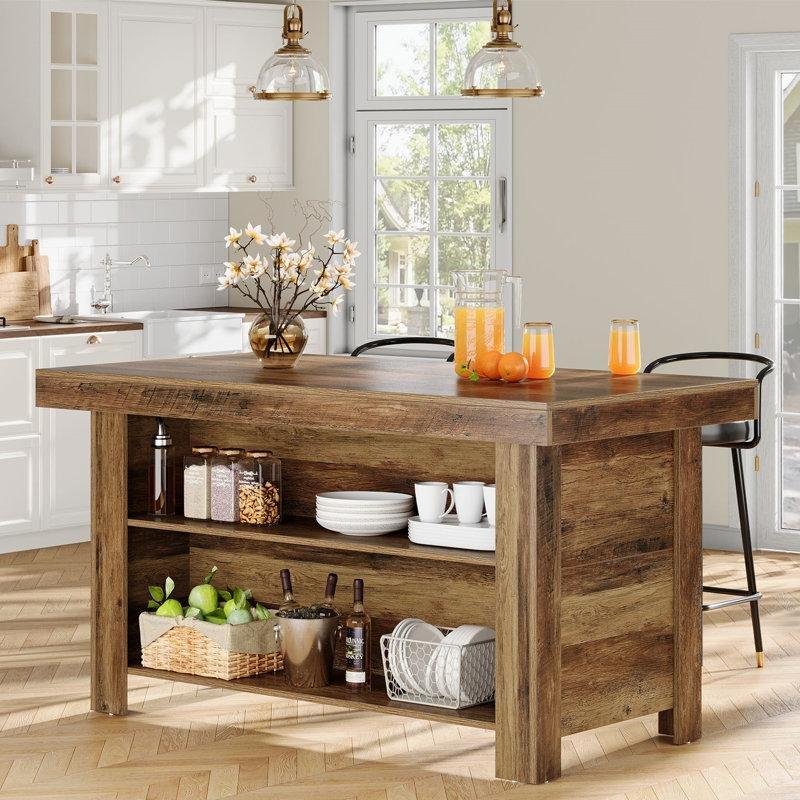 Kahverengi MDF Rustik Tasarımlı Raflı Mutfak Adası - 140 cm - 176580
