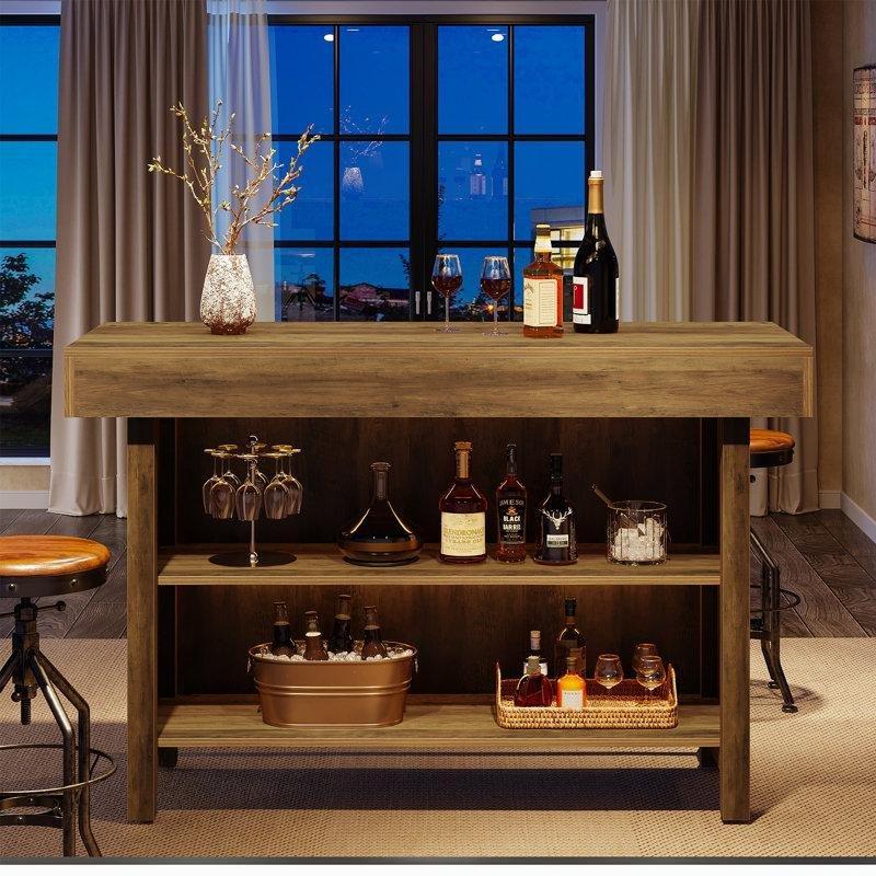 Kahverengi MDF Şaraplıklı ve Raflı Bar Masası - 147x40x105 cm - 231859