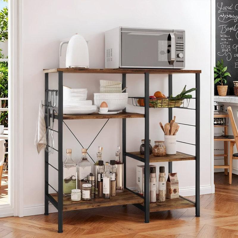 Kahverengi MDF Siyah Çelik Tel Sepetli Mikrodalga Uyumlu Mutfak Rafı - 90 cm - 163963