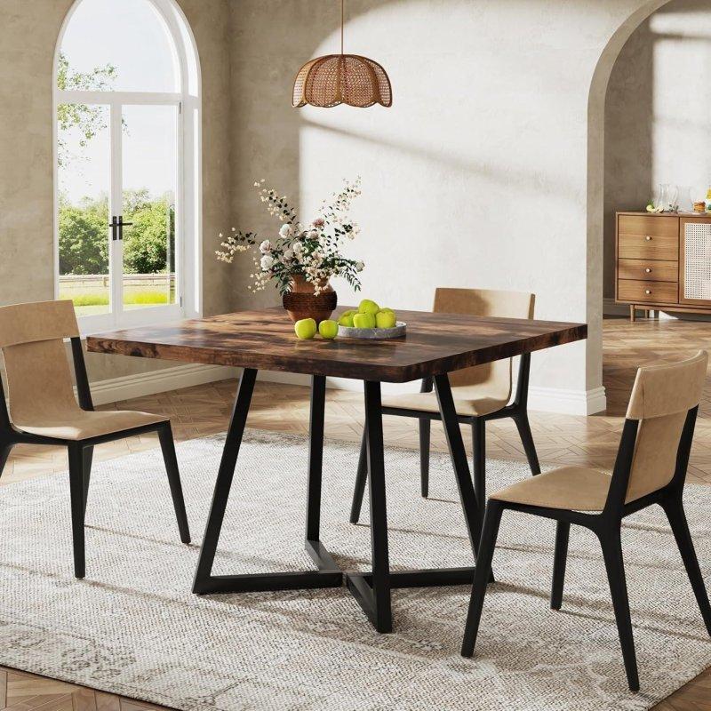 Kahverengi MDF Tablalı Siyah Metal Kaide Ayaklı Kare Bohem Yemek Masası - 80x80 cm - 237361