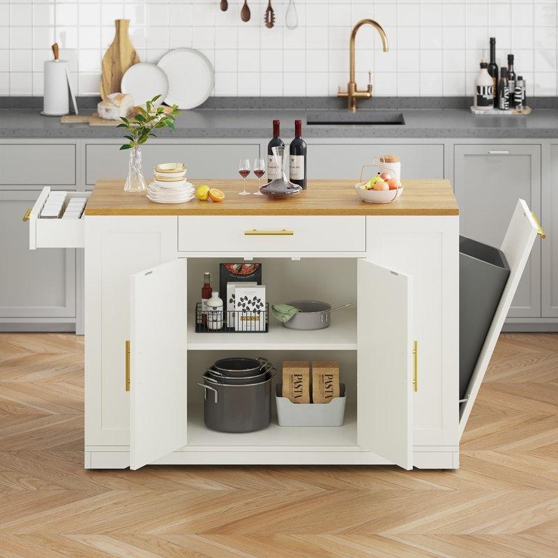 Kahverengi MDF Tekerlekli Gizli Çöp Kovası Bölmeli Prizli Mutfak Adası - 135 cm - 176749