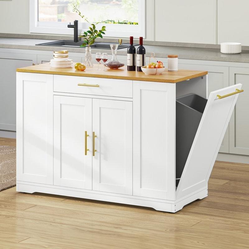 Kahverengi MDF Tekerlekli Gizli Çöp Kovası Bölmeli Prizli Mutfak Adası - 135 cm - 176749