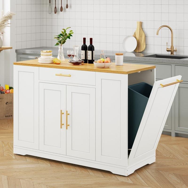 Kahverengi MDF Tekerlekli Gizli Çöp Kovası Bölmeli Prizli Mutfak Adası - 135 cm - 176749