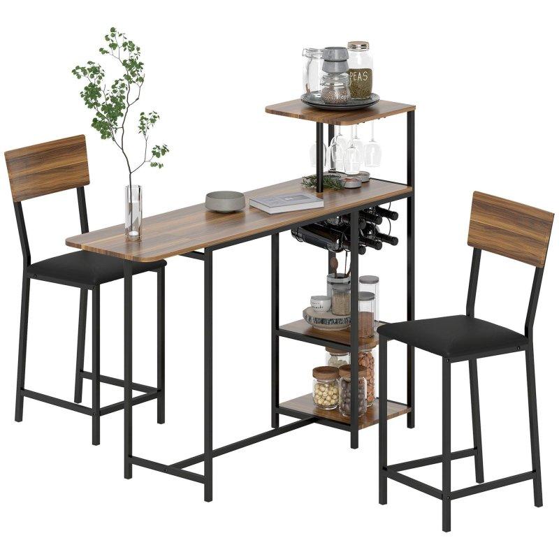 Kahverengi MDF ve Çelik Açılır Raflı 2 Tabureli Bar Masası Seti - 140x40x116 cm - 232176