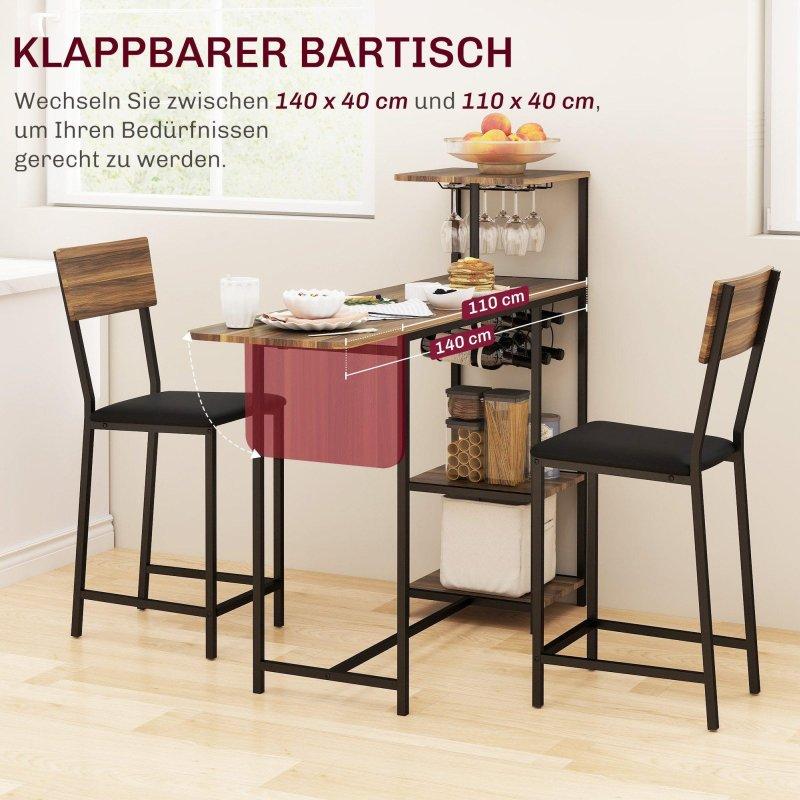 Kahverengi MDF ve Çelik Açılır Raflı 2 Tabureli Bar Masası Seti - 140x40x116 cm - 232176