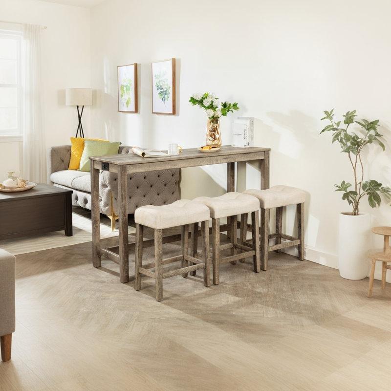 Kahverengi MDF ve Masif Ahşap Prizli 3 Tabureli Koltuk Arkası Dresuar - 150 cm - 218730