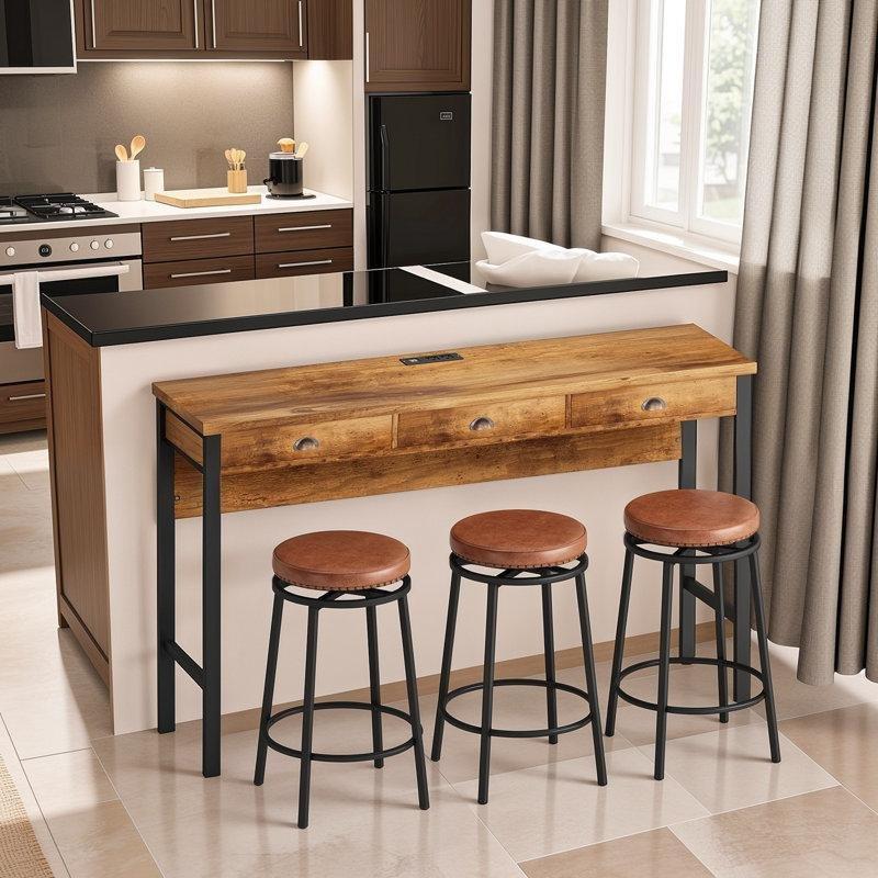 Kahverengi MDF ve Metal 3 Çekmeceli Prizli 3 Tabureli Koltuk Arkası Dresuar - 154x41 cm - 217633