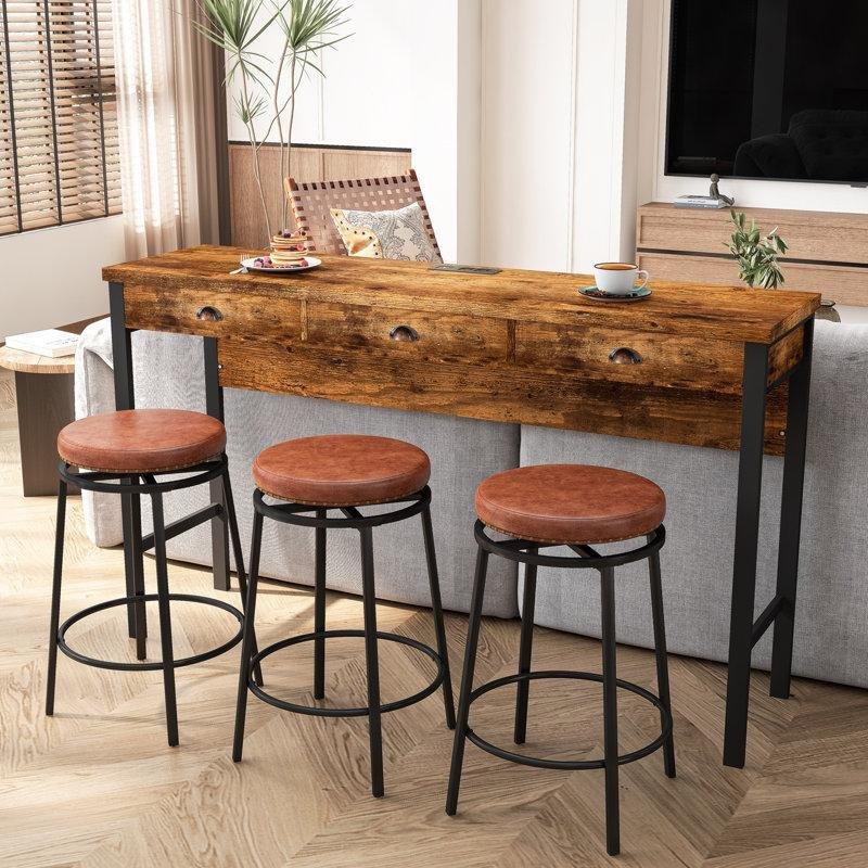 Kahverengi MDF ve Metal 3 Çekmeceli Prizli 3 Tabureli Koltuk Arkası Dresuar - 154x41 cm - 217633