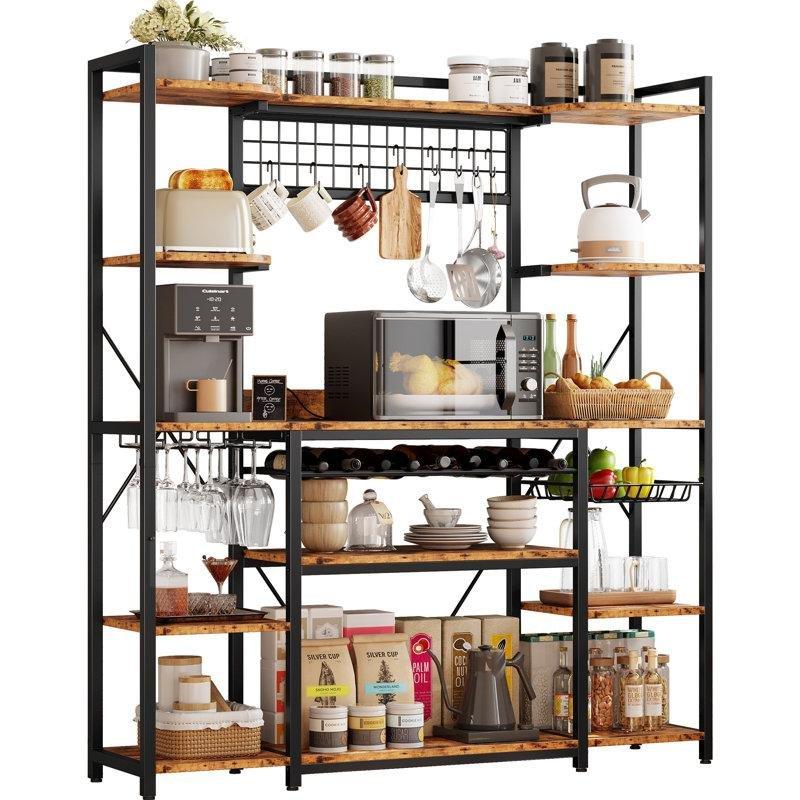 Kahverengi MDF ve Metal Prizli Şaraplıklı ve Sepetli Mutfak Rafı - 159 cm - 163882