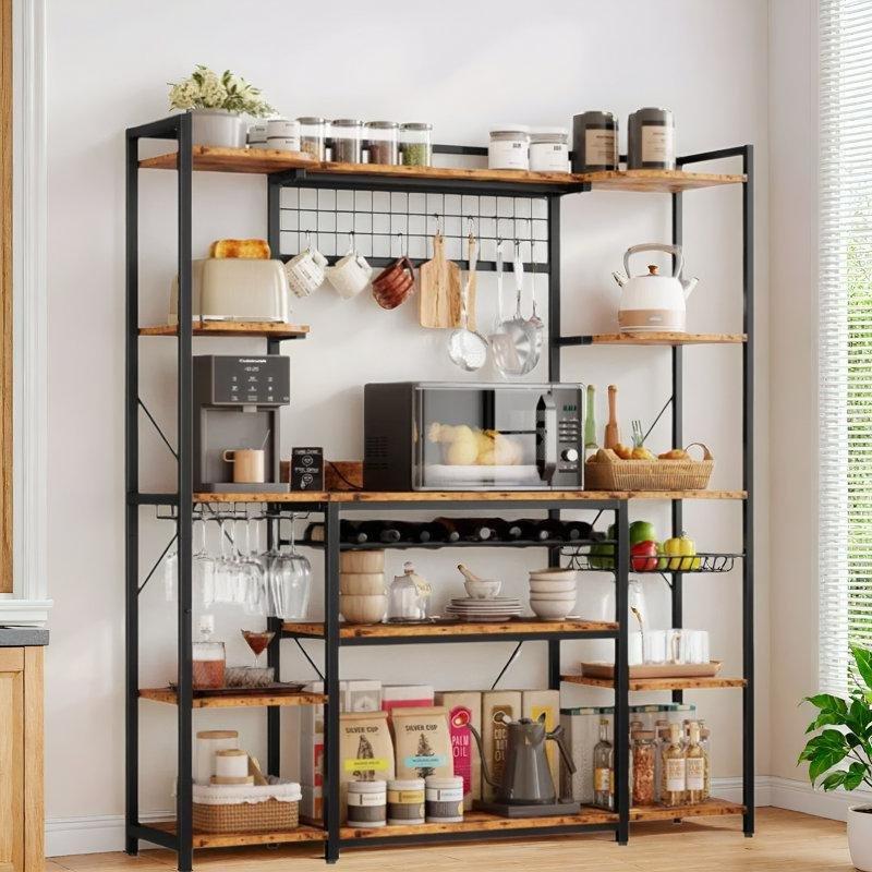 Kahverengi MDF ve Metal Prizli Şaraplıklı ve Sepetli Mutfak Rafı - 159 cm - 163882