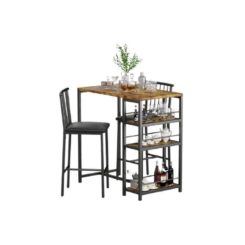 Kahverengi MDF ve Siyah Çelik 2 Tabureli Raflı Bar Masası Seti - 51x92 cm - 232096