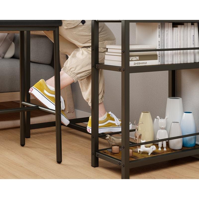 Kahverengi MDF ve Siyah Çelik 2 Tabureli Raflı Bar Masası Seti - 51x92 cm - 232096
