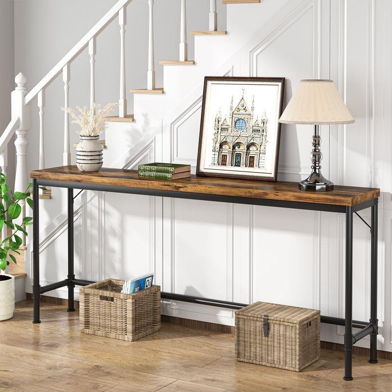 Kahverengi MDF ve Siyah Metal Endüstriyel Tasarım Dar Koltuk Arkası Dresuar - 180 cm - 218654