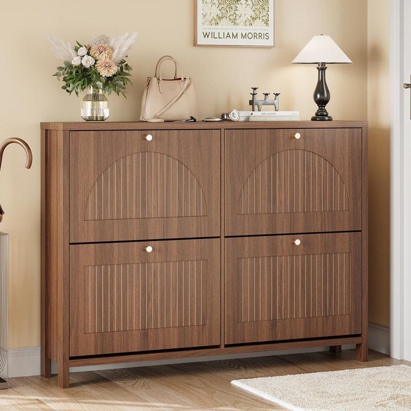 Kahverengi MDF Yivli 4 Düşer Kapaklı Ayarlanabilir Raflı Ayakkabılık - 120x25x90 cm - 227173