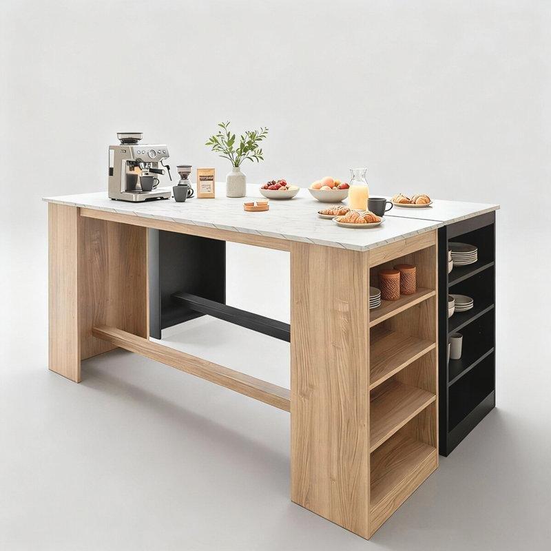 Kahverengi Mermer Desenli Endüstriyel Ahşap Ayarlanabilir Raflı Çok Amaçlı Bar Masası - 150 cm - 231836