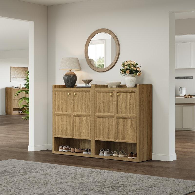 Kahverengi Meşe Ahşap Ayarlanabilir Raflı Kapaklı Ayakkabılık - 87 cm - 229913
