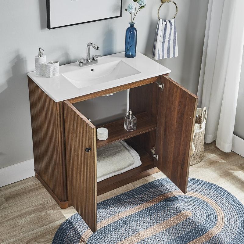 Kahverengi Meşe Kamış Tasarımlı Yavaş Kapanır Kapaklı Masif Ahşap Banyo Lavabo Dolabı - 92 cm - 198066