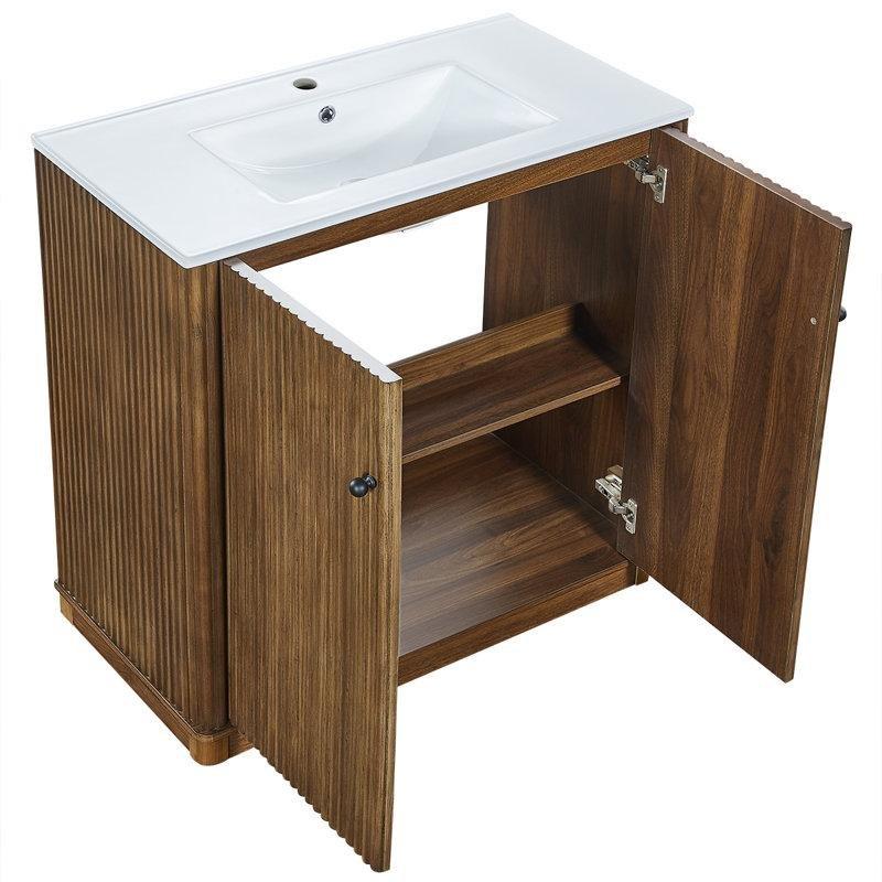 Kahverengi Meşe Kamış Tasarımlı Yavaş Kapanır Kapaklı Masif Ahşap Banyo Lavabo Dolabı - 92 cm - 198066