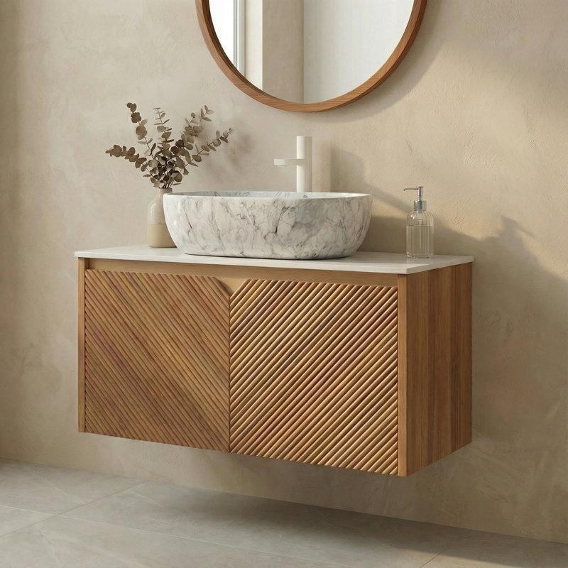 Kahverengi Meşe Kontrplak Dimi Desenli Duvara Monte Sinterlenmiş Taş Tezgahlı Banyo Lavabo Dolabı - 76 cm - 197698