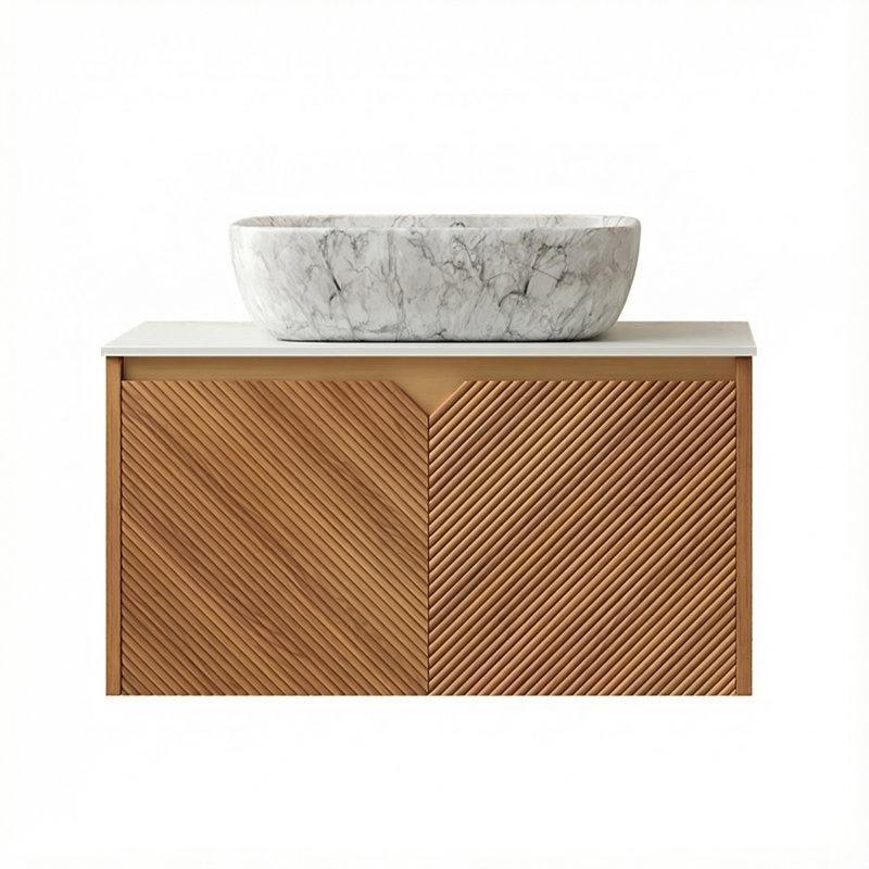 Kahverengi Meşe Kontrplak Dimi Desenli Duvara Monte Sinterlenmiş Taş Tezgahlı Banyo Lavabo Dolabı - 76 cm - 197698