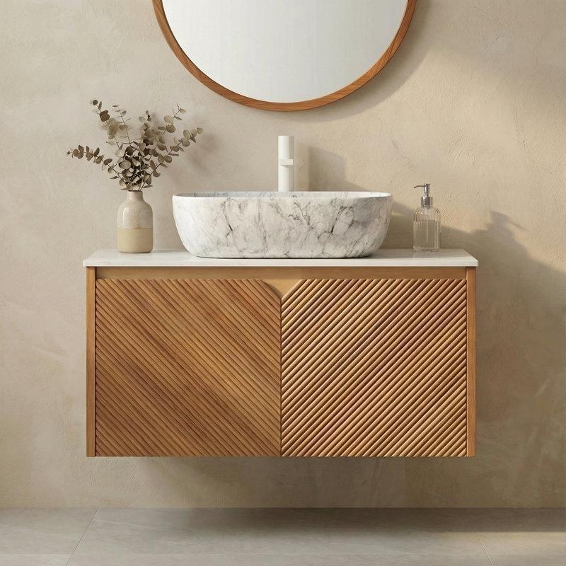 Kahverengi Meşe Kontrplak Dimi Desenli Duvara Monte Sinterlenmiş Taş Tezgahlı Banyo Lavabo Dolabı - 76 cm - 197698